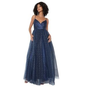 LULUS Spellbinding Beauty Glitter Sleeveless Tulle Gown in Navy Size Medium